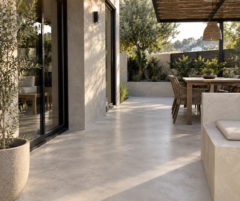 Terraza exterior con suelo y muros de microcemento junto a una zona de comedor